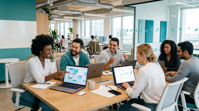 Fintech team collaborating with a staffing partner on a new product launch