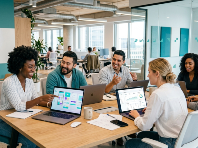 Fintech team collaborating with a staffing partner on a new product launch