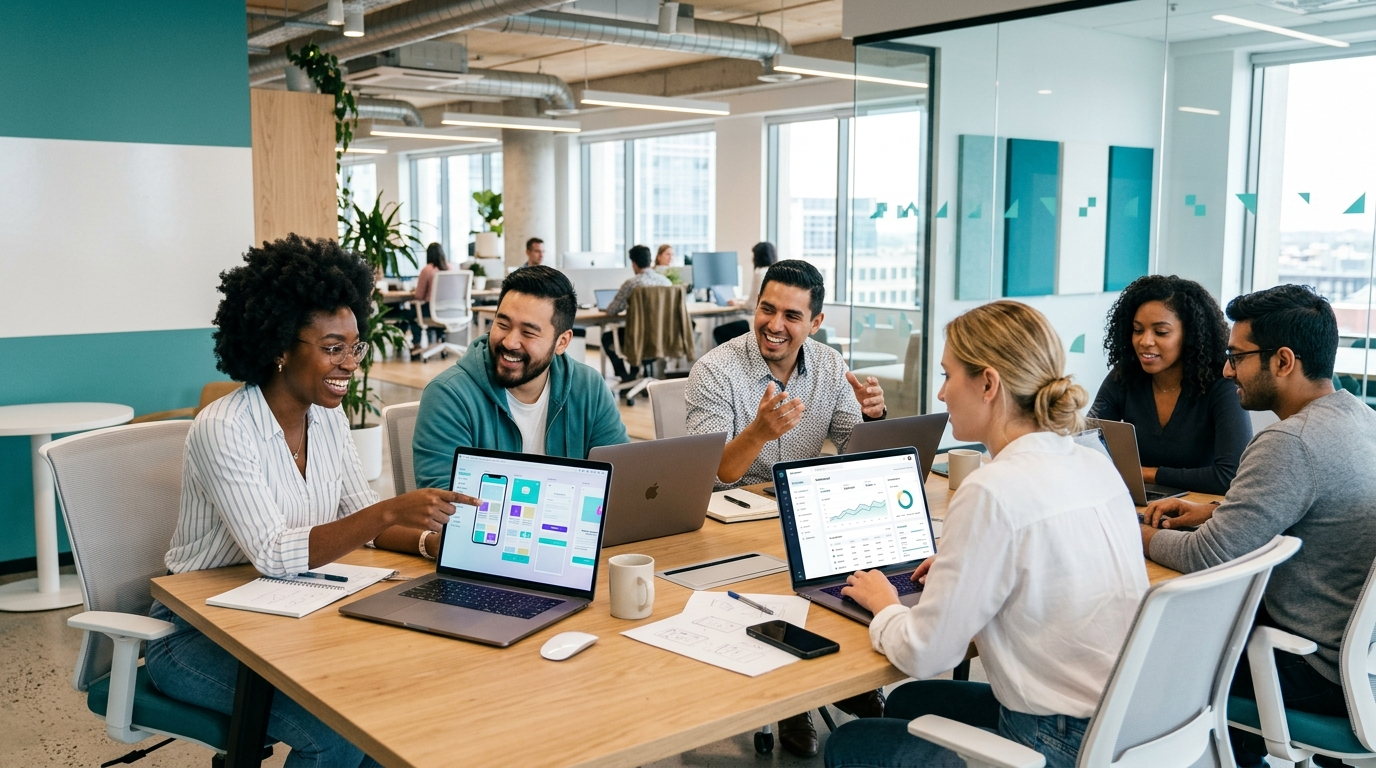 Fintech team collaborating with a staffing partner on a new product launch