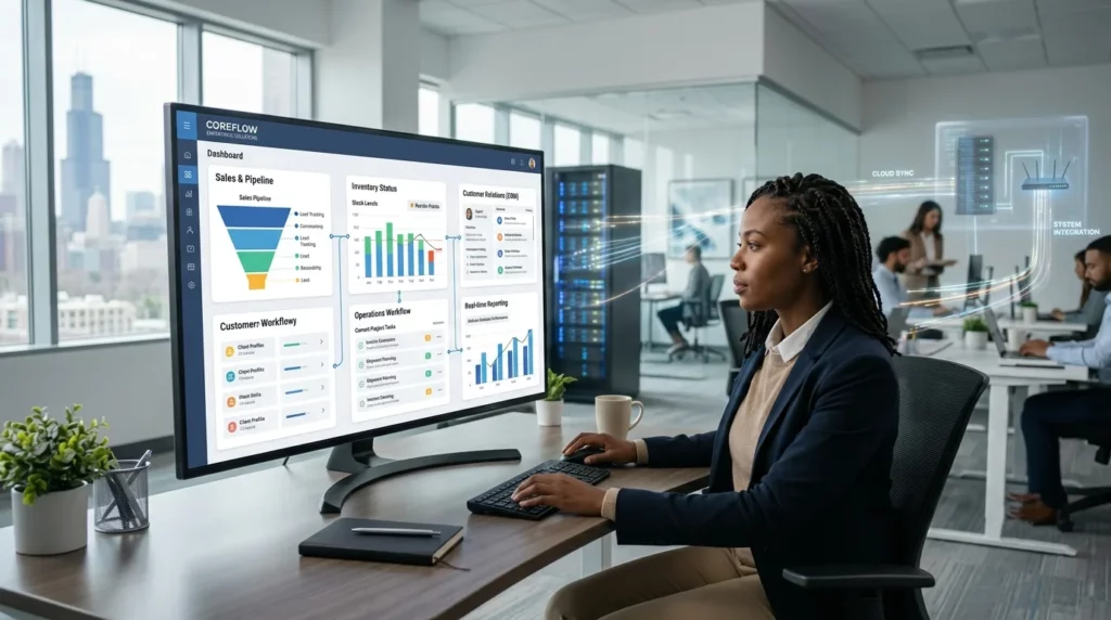 Professional analyzing cloud software analytics and business operations data on a desktop monitor in a modern tech office.