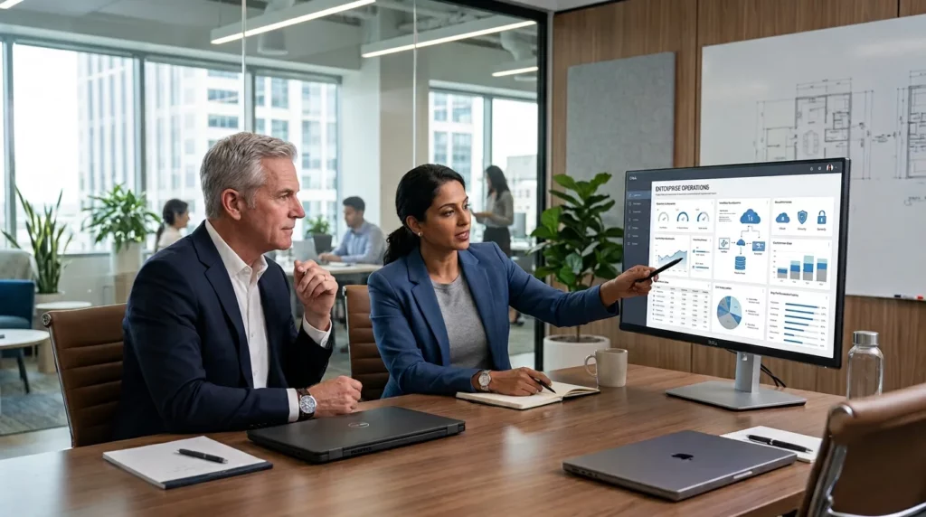 Two business people, a man and a woman, look at a large monitor displaying 'ENTERPRISE OPERATIONS' data charts and graphs in a modern glass-walled conference room. The woman points at the screen. Background shows blurred office workers and a whiteboard with architectural plans.