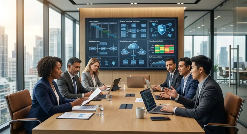 Business executives in suits seated around a boardroom table discussing IT and timeline metrics on a large screen.