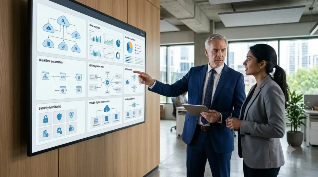 A senior business executive and female IT professional standing in a modern office, reviewing an enterprise software dashboard on a large wall display featuring cloud infrastructure, data analytics, and security monitoring.