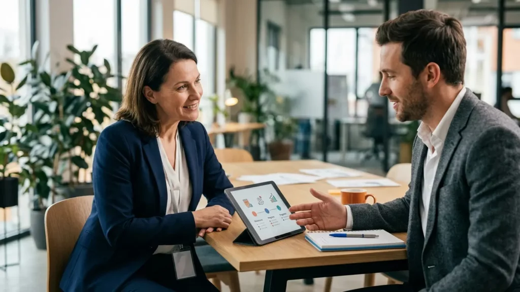 Two professionals sit at a wooden desk discussing business performance metrics shown on a tablet screen.