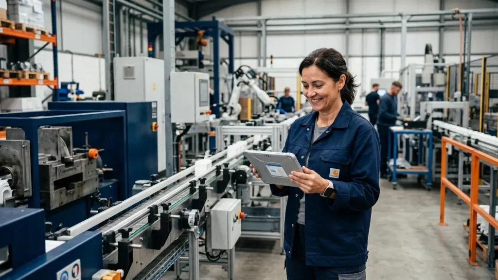 A smiling female factory worker uses a tablet near a machine production line with robotic arms.