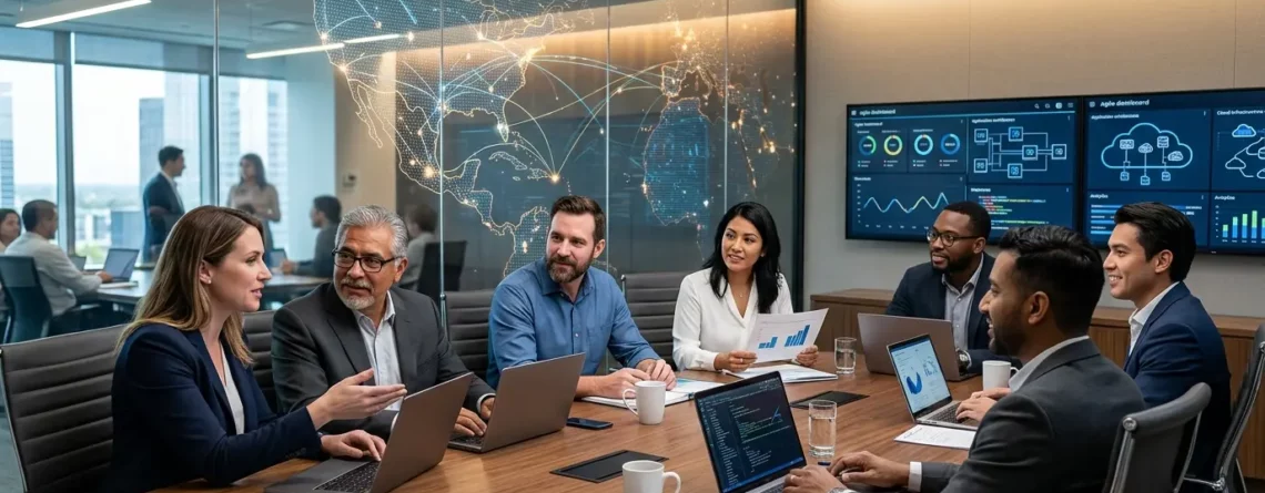 Diverse professionals sitting around a conference table with laptops, viewing global network overlays and data dashboards.