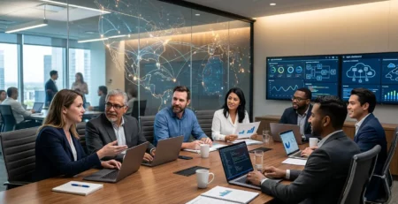 Diverse professionals sitting around a conference table with laptops, viewing global network overlays and data dashboards.