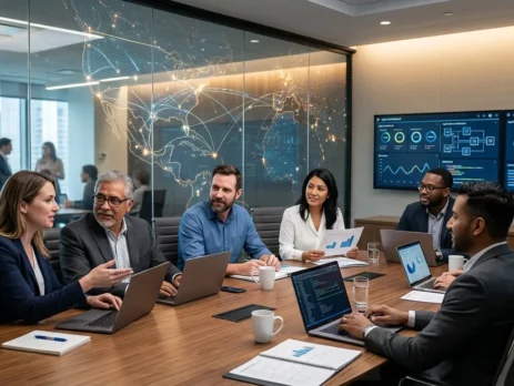 Diverse professionals sitting around a conference table with laptops, viewing global network overlays and data dashboards.
