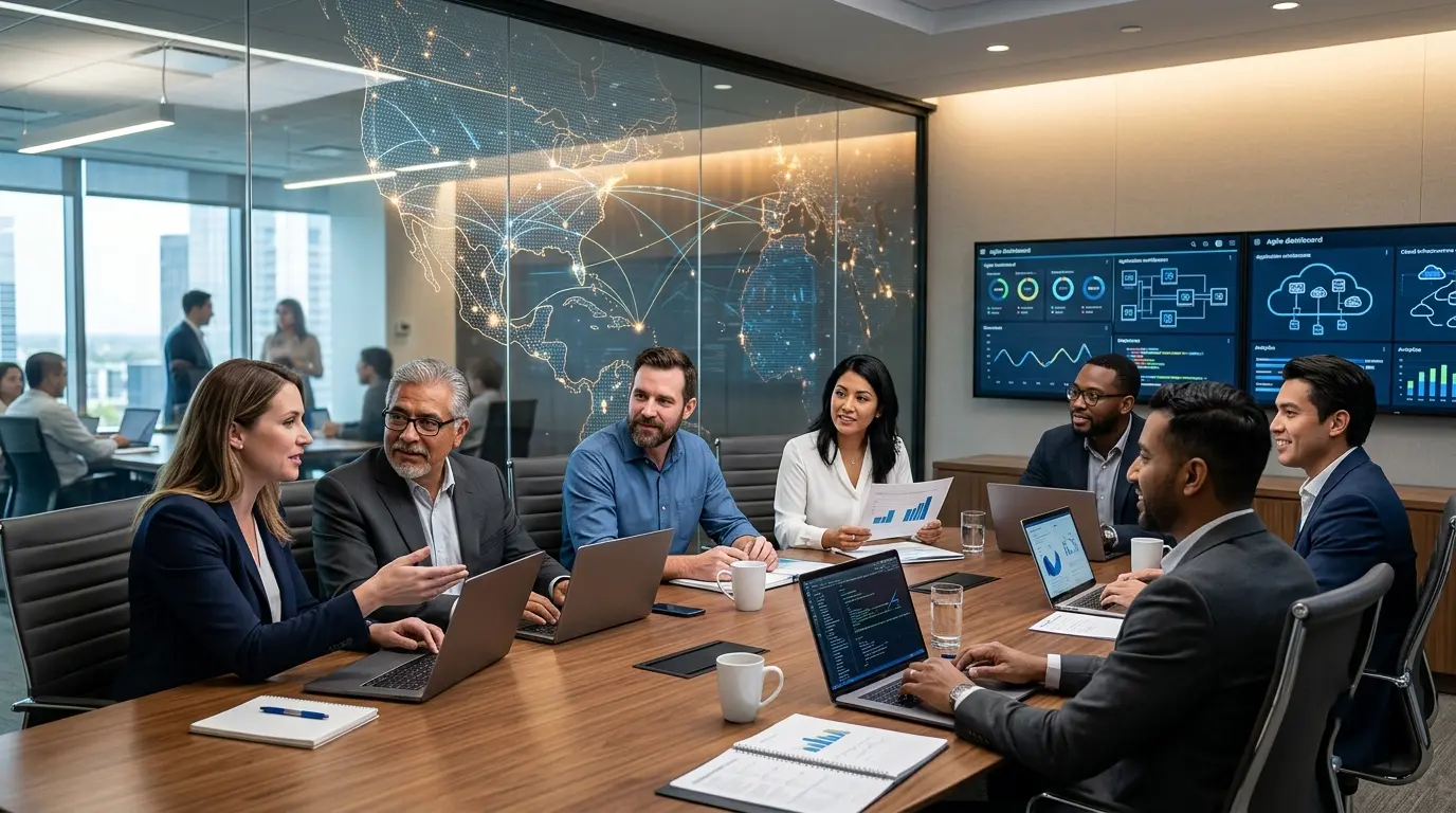 Diverse professionals sitting around a conference table with laptops, viewing global network overlays and data dashboards.