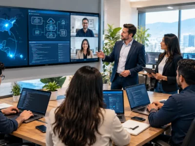 Software Developers Reviewing Cloud Architecture and Analytics