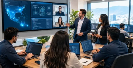 Software Developers Reviewing Cloud Architecture and Analytics