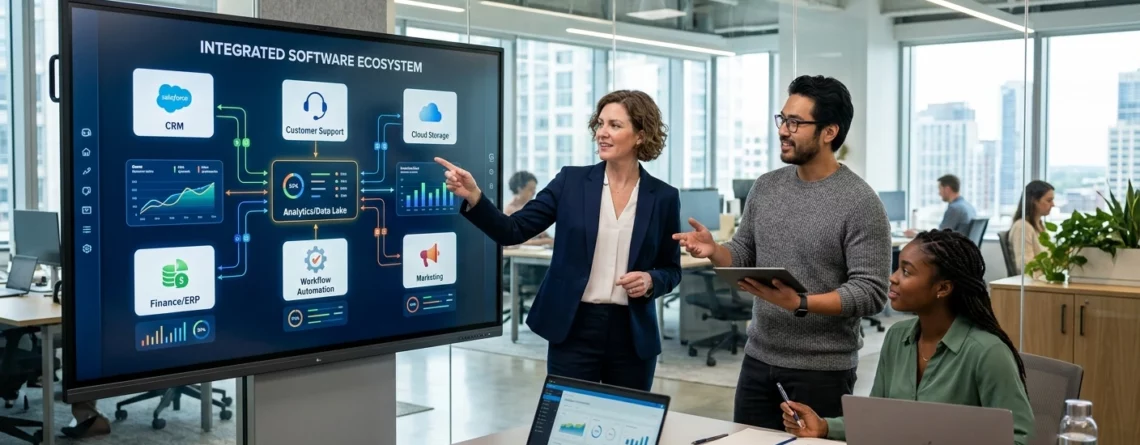 A woman in a blue blazer points to an "Integrated Software Ecosystem" diagram on a large interactive screen during a presentation to colleagues in a modern glass office.