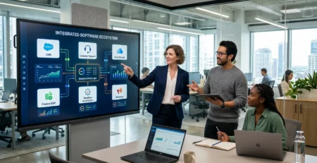A woman in a blue blazer points to an "Integrated Software Ecosystem" diagram on a large interactive screen during a presentation to colleagues in a modern glass office.