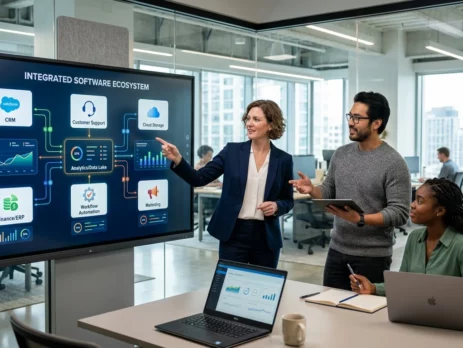 A woman in a blue blazer points to an "Integrated Software Ecosystem" diagram on a large interactive screen during a presentation to colleagues in a modern glass office.