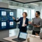 A woman in a blue blazer points to an "Integrated Software Ecosystem" diagram on a large interactive screen during a presentation to colleagues in a modern glass office.