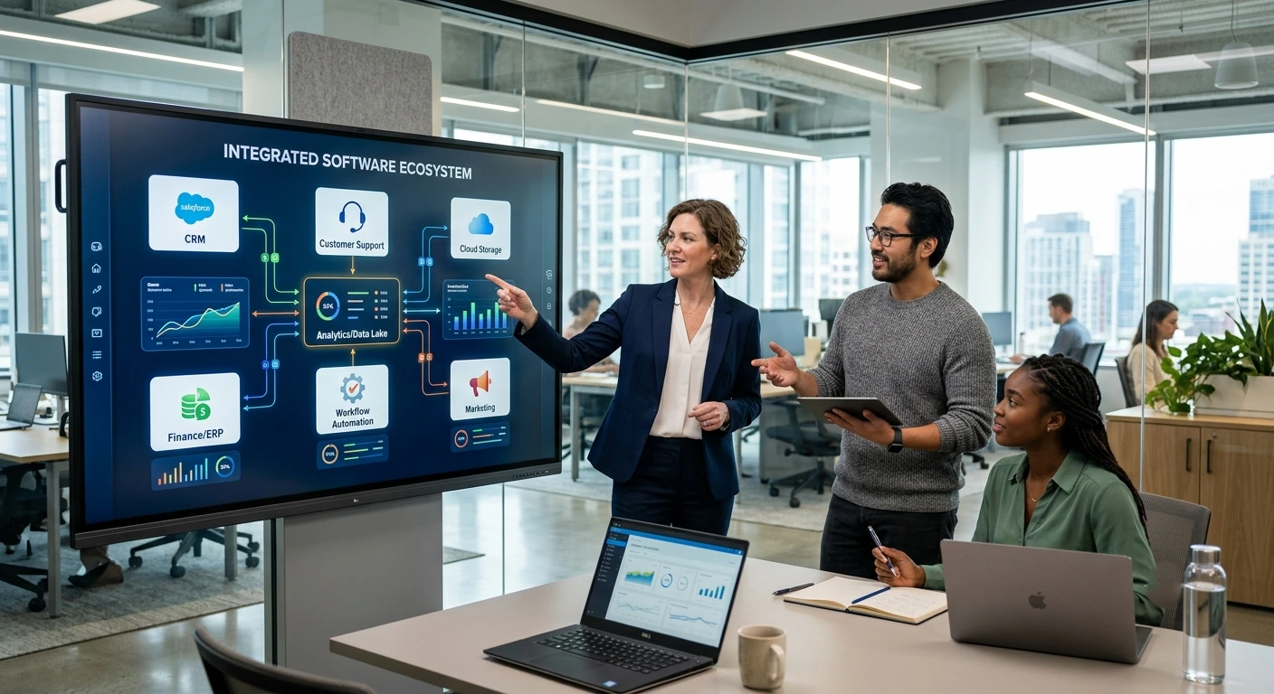 A woman in a blue blazer points to an "Integrated Software Ecosystem" diagram on a large interactive screen during a presentation to colleagues in a modern glass office.