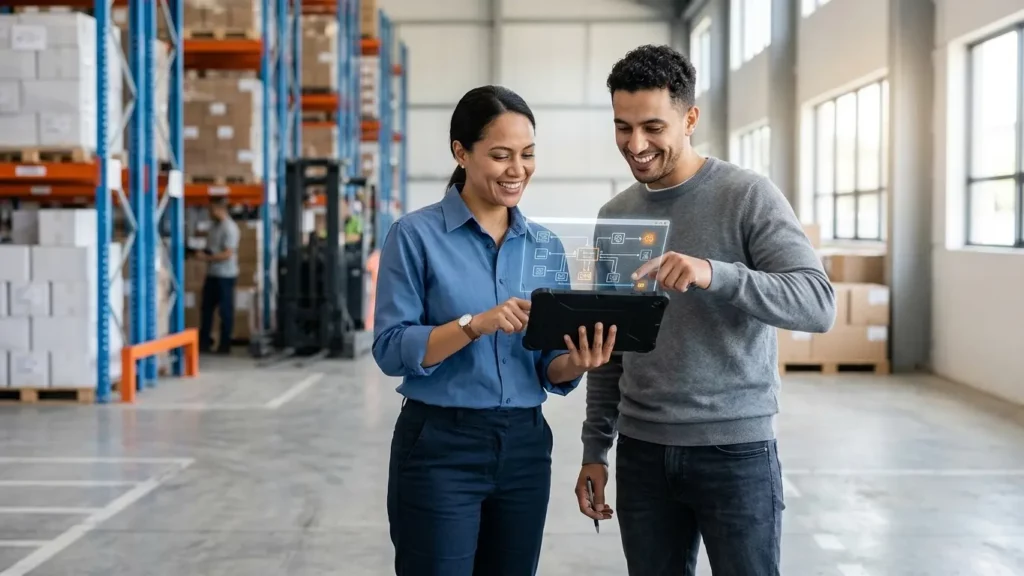 Two managers smiling and pointing at a tablet in a large warehouse with high shelves.