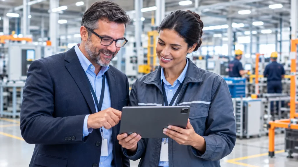 Operations director and consultant reviewing project timeline on tablet inside a manufacturing facility.