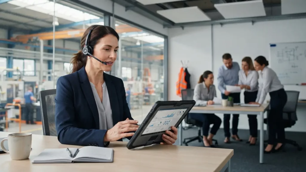 A manufacturing operations director reviewing a tablet and speaking on a headset in a bright industrial office setting.