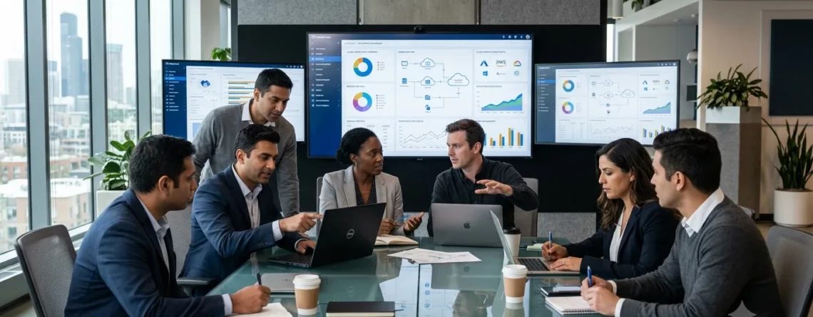 A diverse team of software developers and business professionals sitting around a glass conference table collaborating, with large displays showing analytics and enterprise software dashboards in a modern US corporate office.