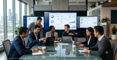 A diverse team of software developers and business professionals sitting around a glass conference table collaborating, with large displays showing analytics and enterprise software dashboards in a modern US corporate office.