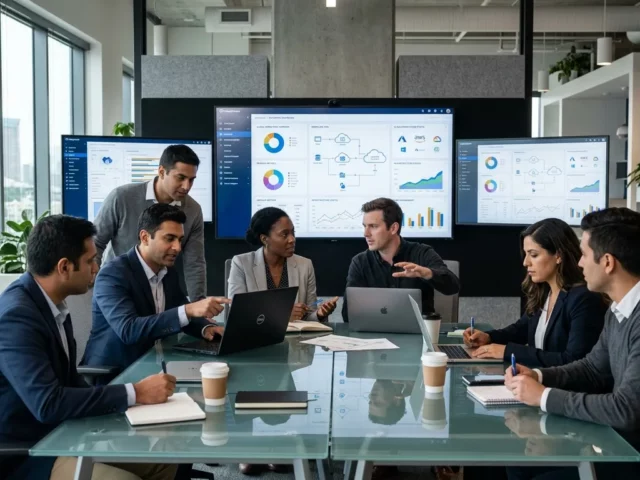 A diverse team of software developers and business professionals sitting around a glass conference table collaborating, with large displays showing analytics and enterprise software dashboards in a modern US corporate office.