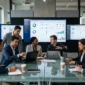 A diverse team of software developers and business professionals sitting around a glass conference table collaborating, with large displays showing analytics and enterprise software dashboards in a modern US corporate office.