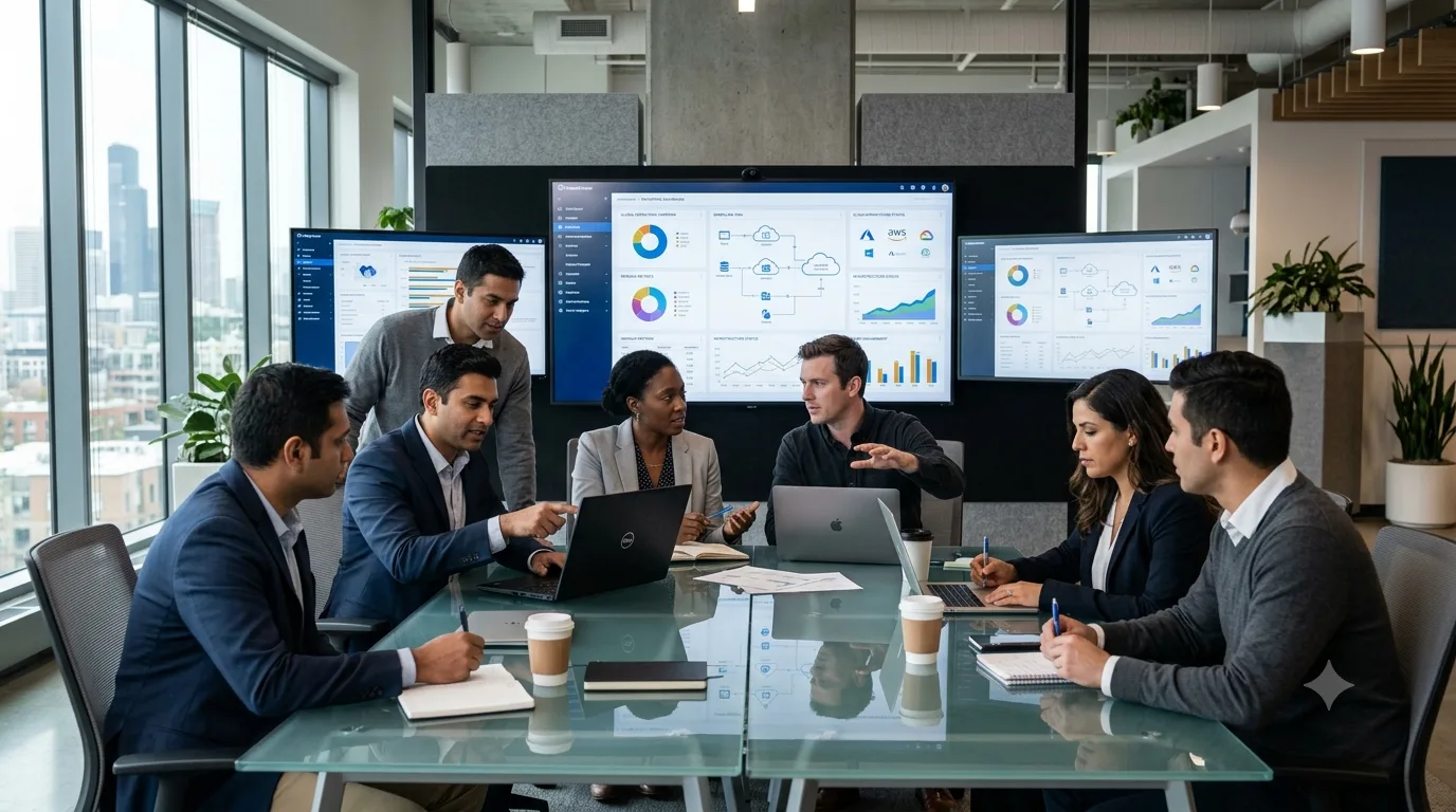 A diverse team of software developers and business professionals sitting around a glass conference table collaborating, with large displays showing analytics and enterprise software dashboards in a modern US corporate office.