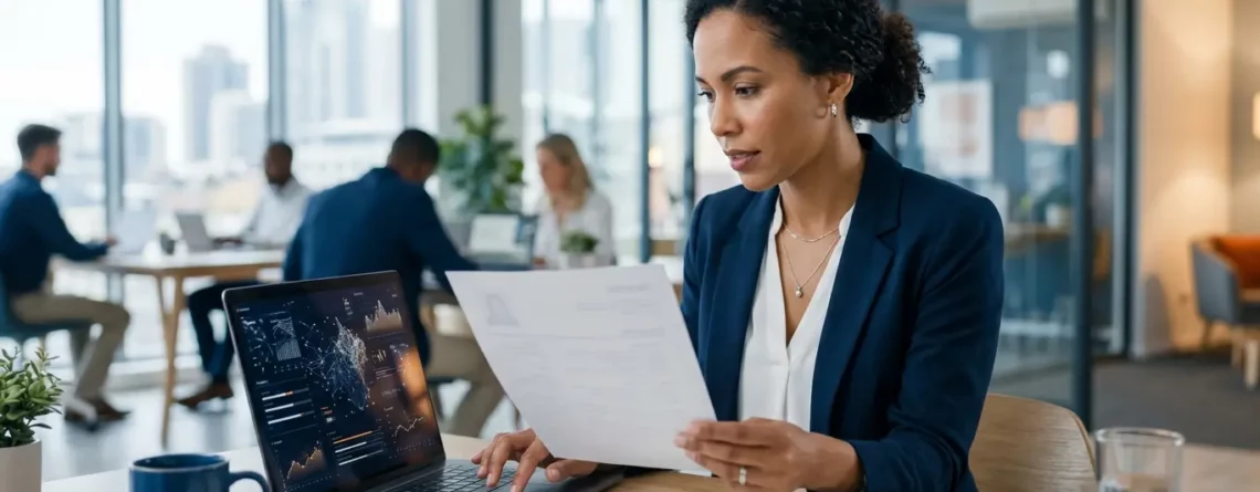 A businesswoman reviews paperwork at a desk in a modern, open-plan office.