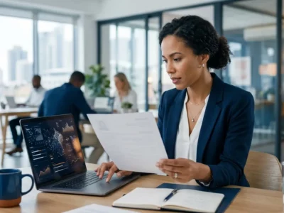 A businesswoman reviews paperwork at a desk in a modern, open-plan office.