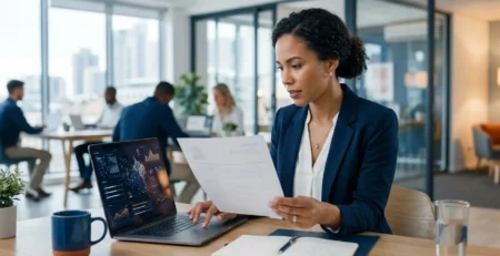 A businesswoman reviews paperwork at a desk in a modern, open-plan office.