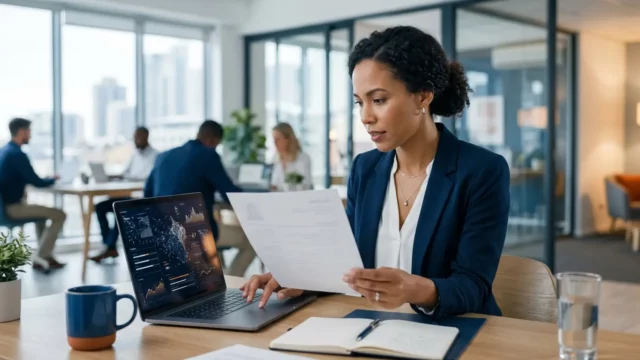 A businesswoman reviews paperwork at a desk in a modern, open-plan office.
