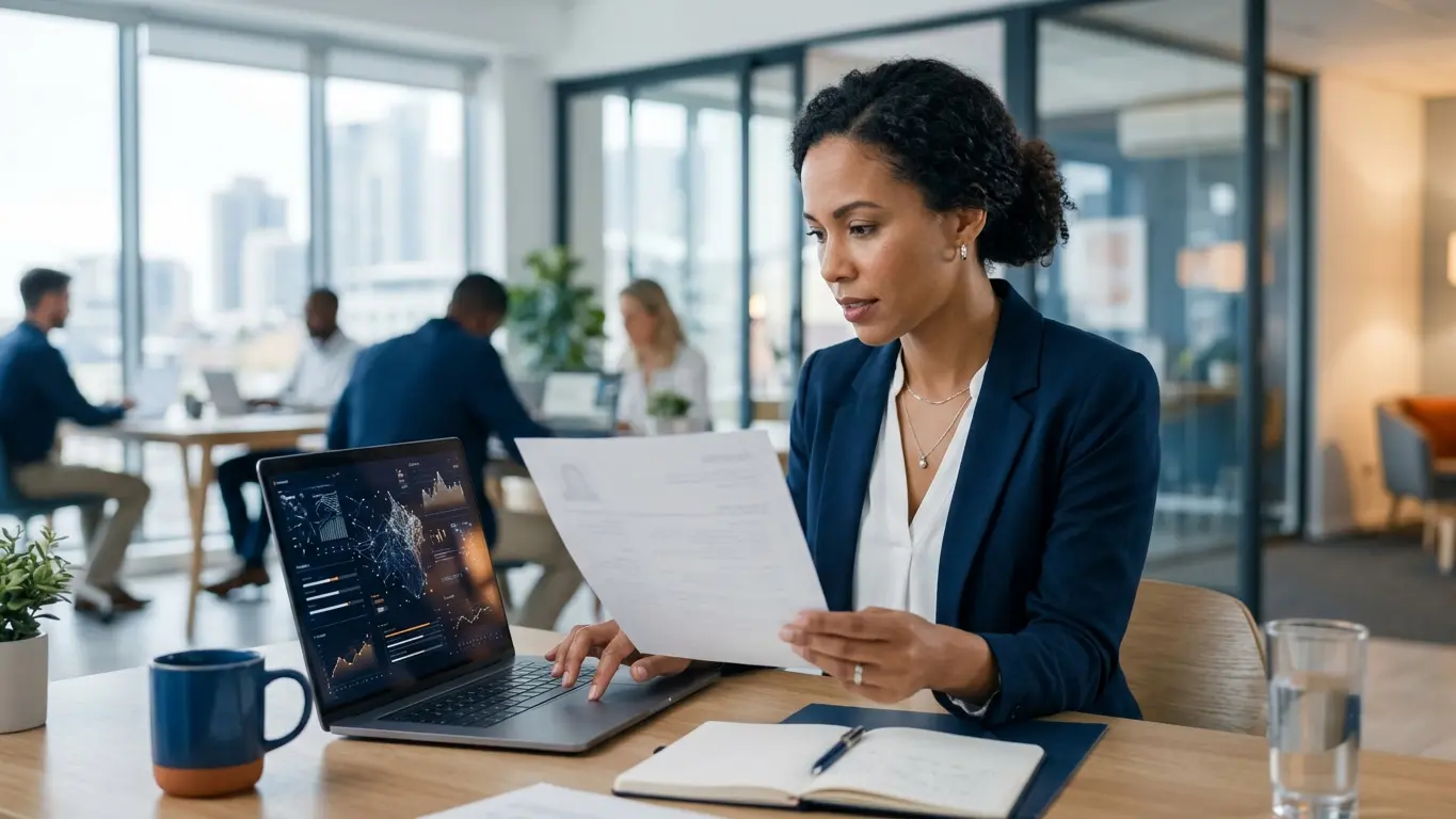 A businesswoman reviews paperwork at a desk in a modern, open-plan office.
