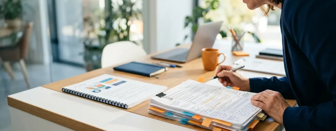A businesswoman leans over a desk reviewing stacked documents and financial reports with sticky notes in an office.