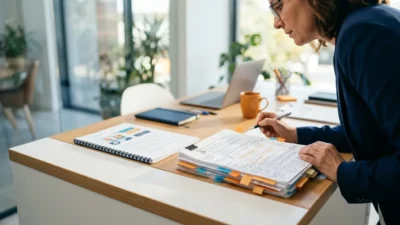 A businesswoman leans over a desk reviewing stacked documents and financial reports with sticky notes in an office.