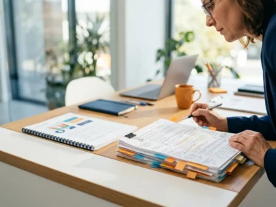 A businesswoman leans over a desk reviewing stacked documents and financial reports with sticky notes in an office.