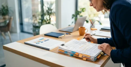 A businesswoman leans over a desk reviewing stacked documents and financial reports with sticky notes in an office.