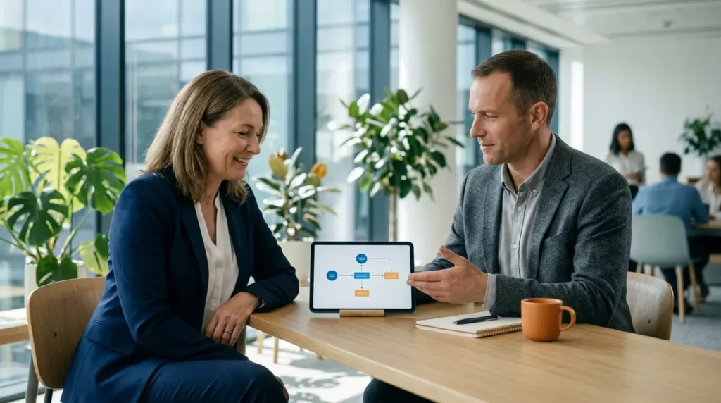 Two business professionals discuss a workflow flowchart shown on a tablet at an office table.