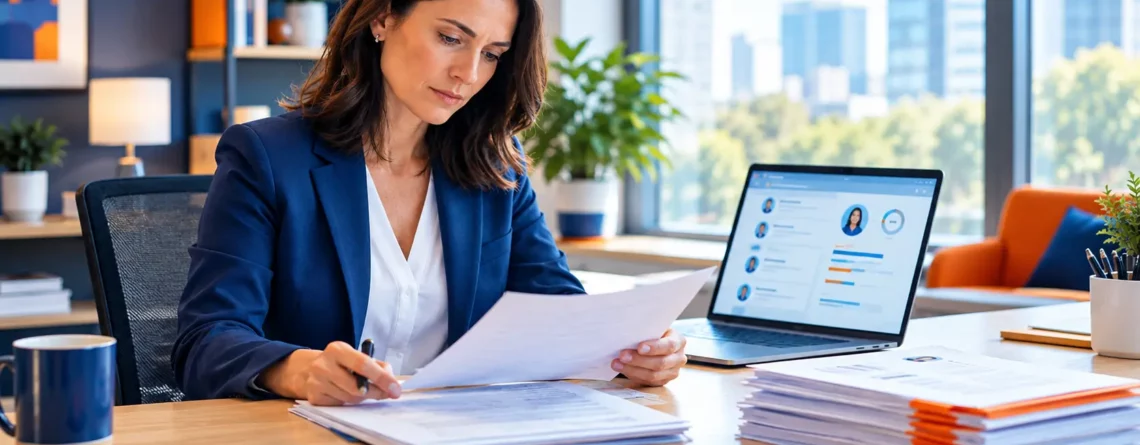 An HR professional carefully reviews resumes at a desk alongside a laptop displaying candidate profile matches.