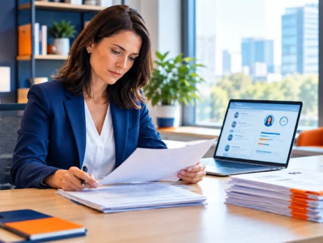 An HR professional carefully reviews resumes at a desk alongside a laptop displaying candidate profile matches.
