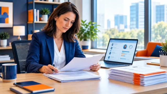 An HR professional carefully reviews resumes at a desk alongside a laptop displaying candidate profile matches.