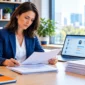 An HR professional carefully reviews resumes at a desk alongside a laptop displaying candidate profile matches.