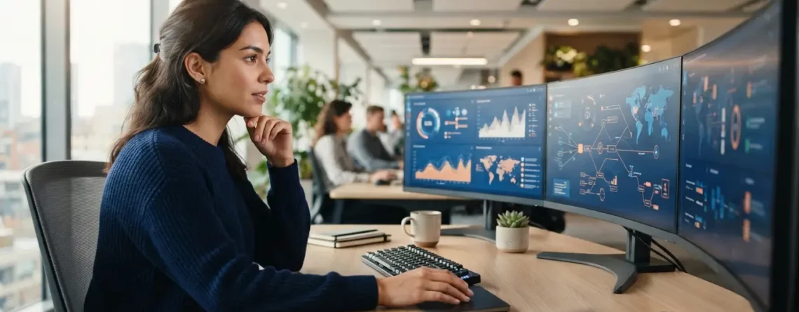 A woman monitoring system health dashboards across multiple screens in a bright, modern office.