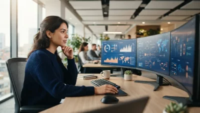 A woman monitoring system health dashboards across multiple screens in a bright, modern office.