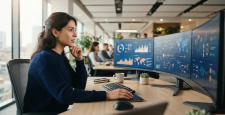 A woman monitoring system health dashboards across multiple screens in a bright, modern office.