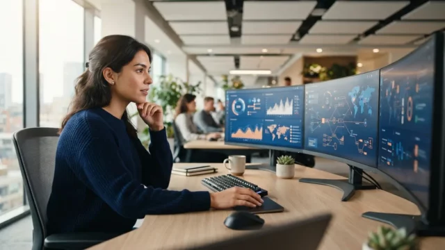 A woman monitoring system health dashboards across multiple screens in a bright, modern office.