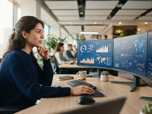 A woman monitoring system health dashboards across multiple screens in a bright, modern office.