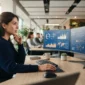 A woman monitoring system health dashboards across multiple screens in a bright, modern office.