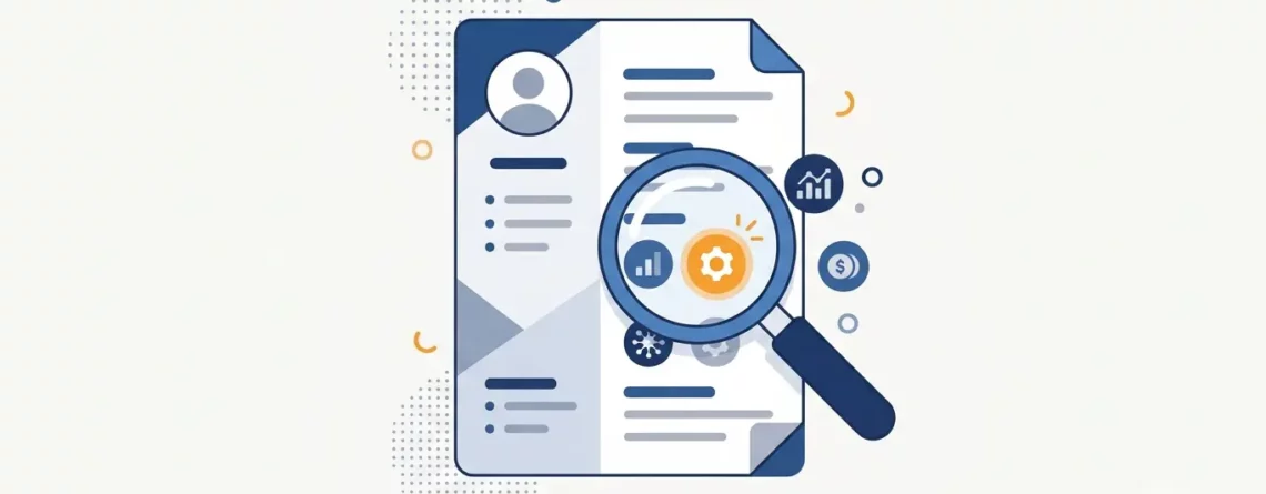 A vector illustration of a magnifying glass inspecting a resume document, highlighting a gear icon in orange.