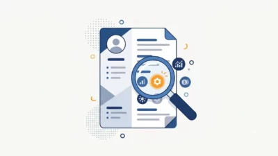 A vector illustration of a magnifying glass inspecting a resume document, highlighting a gear icon in orange.